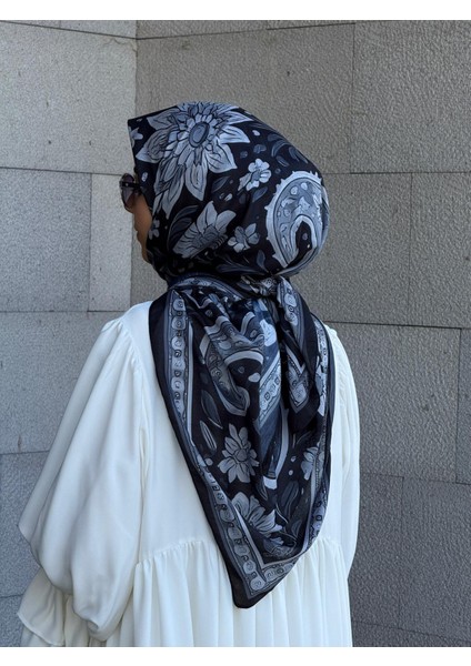 Pamuklu Flora Desen Eşarp-Siyah/gri modelleri