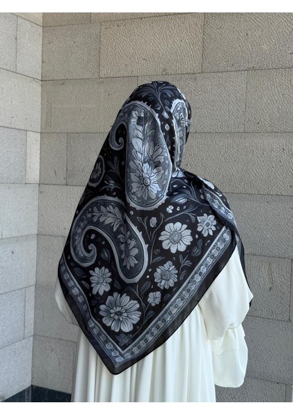 Pamuklu Flora Desen Eşarp-Siyah/gri indirimleri