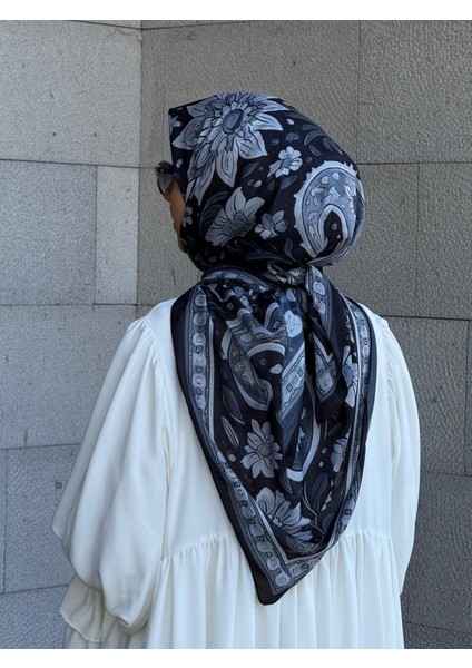 Pamuklu Flora Desen Eşarp-Siyah/gri