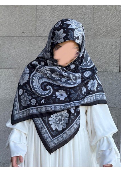 Pamuklu Flora Desen Eşarp-Siyah/gri