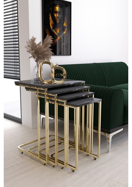 Sedef Tekerli 4'lü Kare Zigon Gold Kaplama Antrasit Mdf