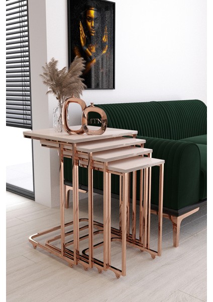 Sedef Tekerli 4'lü Kare Zigon Bakır Kaplama Krem Mdf