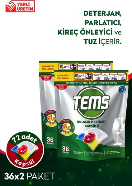 4 Etkili Limon Kokulu Bulaşık Makinesi Kapsül Deterjanı 72 Yıkama – Temizlik, Parlatma, Kireç ve Cam Koruma (2x36 Adet) modelleri
