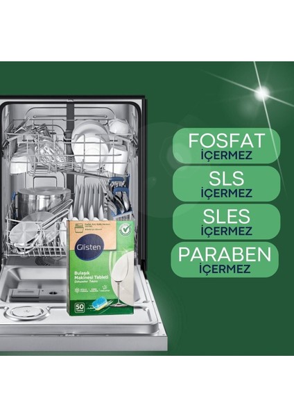 Bulaşık Makinesi Tableti 50 Yıkama – Fosfat, SLS, SLES ve Paraben İçermez, Kokusuz, Kireç Çözücü ve Parlatıcı Etkili indirimleri