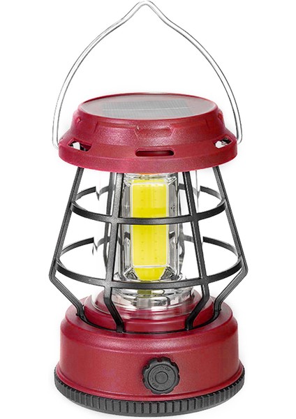 Retro Taşınabilir Kamp Lambası Kademesiz Karartmalı Çadır Feneri Asılı Lamba, Güneş Enerjili-Kırmızı (Yurt Dışından)