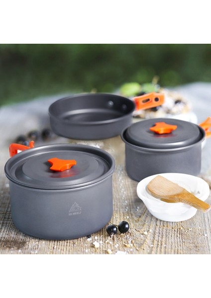 Hewolf HW-K1344 Taşınabilir Kaymaz Saplı Tava Sıcaklığa Dayanıklı Kamp Tencere Seti 2-3 Kişilik (Yurt Dışından)