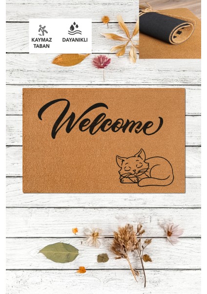 Welcome Paspas, Uyuyan Kedi, Kedi Desenli Kapı Önü Paspası, Uzun Ömürlü Dayanıklı Paspas, Çeyiz Eşyası, Ev Dekoru, Dış Kapı Paspası, Sevimli Kedi