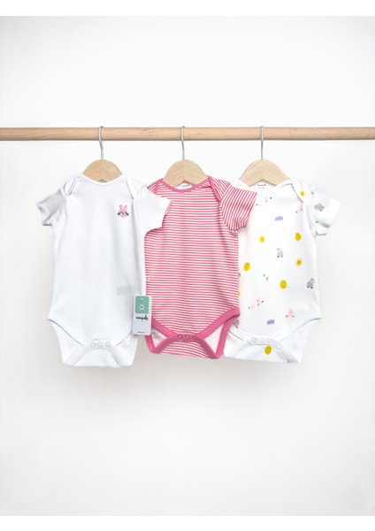 Kız Bebek Yarım Kol % 100 Pamuk 3'lü Çıtçıtlı Body & Zıbın 0-3 Ay / 3-6 Ay / 6-9 Ay