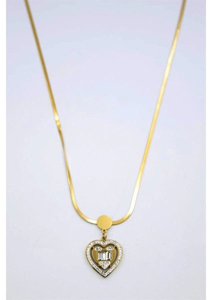 Baget Taşlı Kalp Kolye - Altın