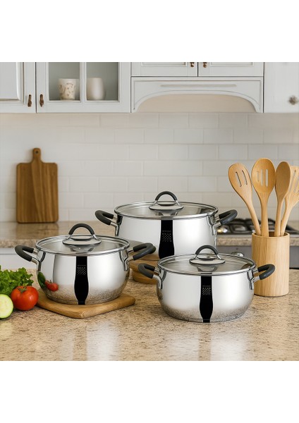 Modernist 6 Parça Çelik Tencere Seti, 18/10 Paslanmaz Çelik, 18-22-26 cm