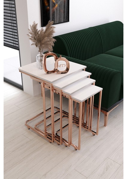 Sedef Tekerli 4'lü Kare Zigon Bakır Kaplama Beyaz Mdf