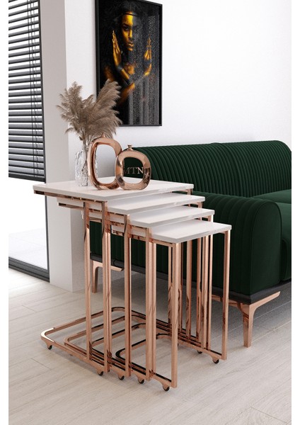 Sedef Tekerli 4'lü Kare Zigon Bakır Kaplama Beyaz Mdf fiyatları