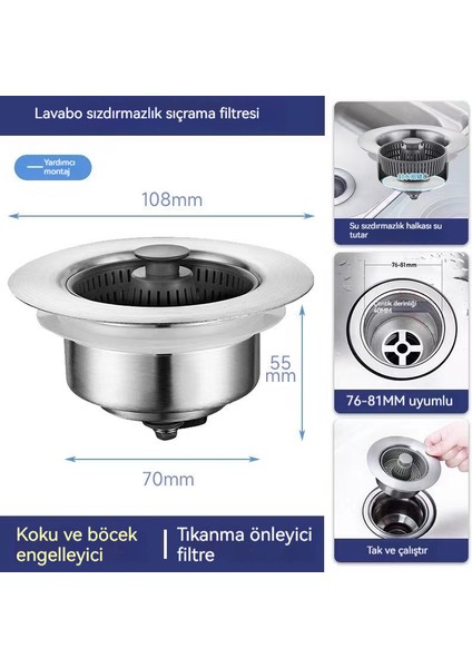 Banyo Mutfak Sızıntı Tapası, Koku Önleyici Huni, Filtre, Kanalizasyon Üniversal Tip (Yurt Dışından)