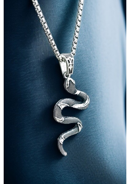 Gümüş Kaplama Krom-Çelik Erkek Kolyesi (California Milk Snake) Yılan Madalyon