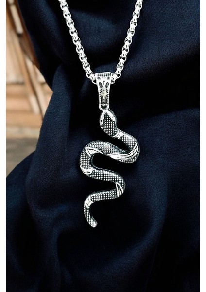Gümüş Kaplama Krom-Çelik Erkek Kolyesi (California Milk Snake) Yılan Madalyon modelleri