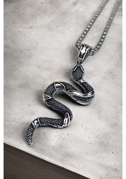 Gümüş Kaplama Krom-Çelik Erkek Kolyesi (California Milk Snake) Yılan Madalyon fırsatları