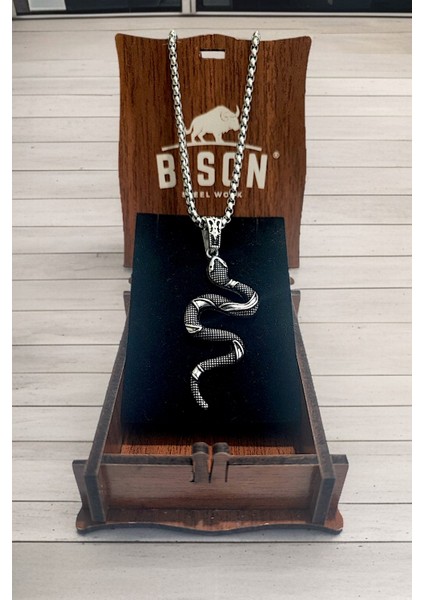 Gümüş Kaplama Krom-Çelik Erkek Kolyesi (California Milk Snake) Yılan Madalyon