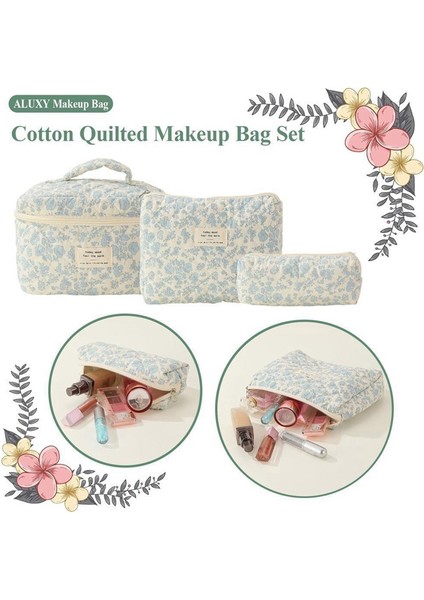 Makyaj Kozmetik Çantası 3 Adet Pamuklu Kapitone Makyaj Çantası Kadınlar Için Estetik Çiçekli Tuvalet Çantası, H (Yurt Dışından) modelleri
