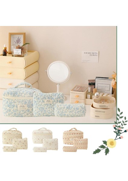 Makyaj Kozmetik Çantası 3 Adet Pamuklu Kapitone Makyaj Çantası Kadınlar Için Estetik Çiçekli Tuvalet Çantası, B (Yurt Dışından)