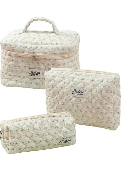 Makyaj Kozmetik Çantası 3 Adet Pamuklu Kapitone Makyaj Çantası Kadınlar Için Estetik Çiçekli Tuvalet Çantası (Yurt Dışından) fiyatları