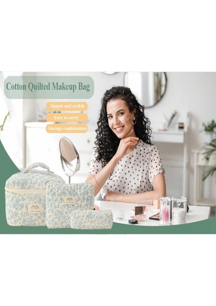 Makyaj Kozmetik Çantası 3 Adet Pamuklu Kapitone Makyaj Çantası Kadınlar Için Estetik Çiçekli Tuvalet Çantası (Yurt Dışından) fırsatları