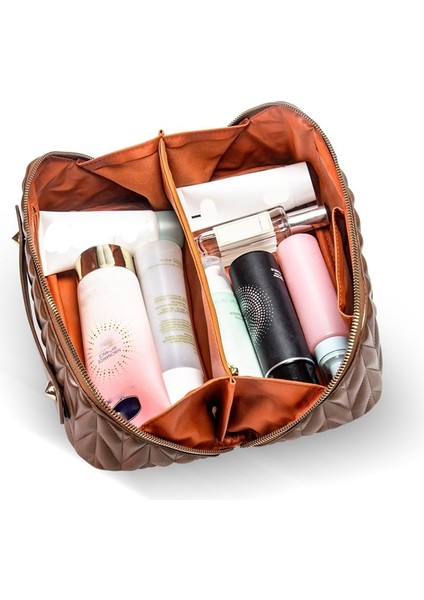 Kadınlar Için Su Geçirmez Iç Cepli Deri Seyahat Makyaj Çantası Büyük Kapasiteli Tuvalet Çantası Düzenleyici, Kahverengi (Yurt Dışından) fiyatları