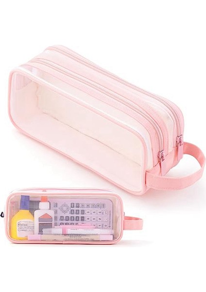 Grid Mesh Kalem Kutusu 2 Bölmeli Kalem Çantası Şeffaf Kalem Kesesi Genç Öğrenciler Için Şeffaf Makyaj Çantası - Mavi (Yurt Dışından)