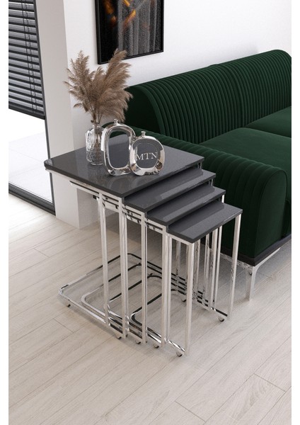 Sedef Tekerli 4'lü Kare Zigon Gümüş Kaplama Antrasit Mdf