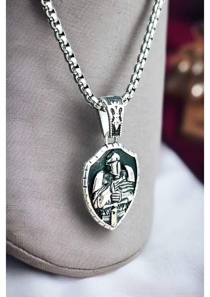 Gümüş Kaplama Krom-Çelik Erkek Kolyesi Kraliyet Şovalye Madalyon