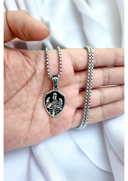 Gümüş Kaplama Krom-Çelik Erkek Kolyesi Kraliyet Şovalye Madalyon