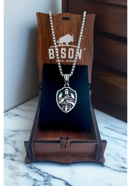 Gümüş Kaplama Krom-Çelik Erkek Kolyesi Kraliyet Şovalye Madalyon