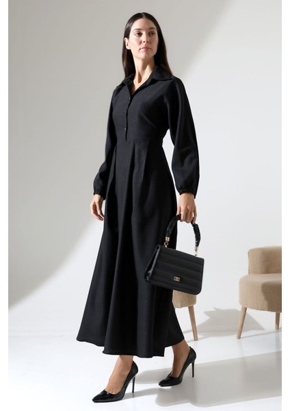 Kadın Belden Oturtmalı Kendinden Kuşaklı Keten Tesettür Elbise