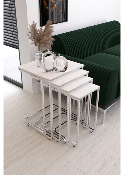 Sedef Tekerli 4'lü Kare Zigon Gümüş Kaplama Beyaz Mdf