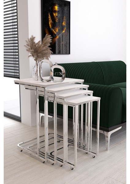 Sedef Tekerli 4'lü Kare Zigon Gümüş Kaplama Beyaz Mdf fiyatları