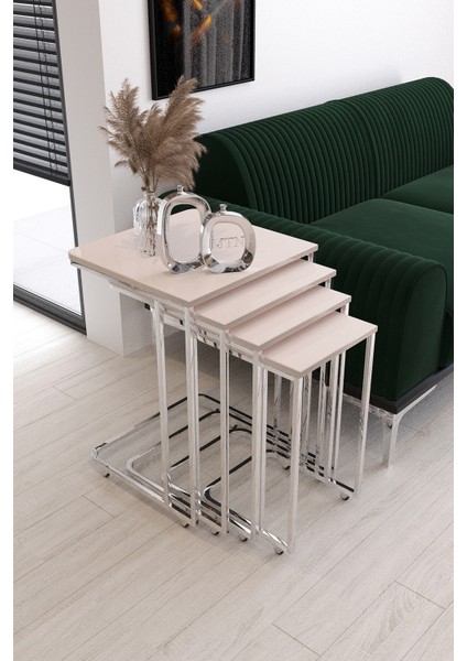 Sedef Tekerli 4'lü Kare Zigon Gümüş Kaplama Krem Mdf