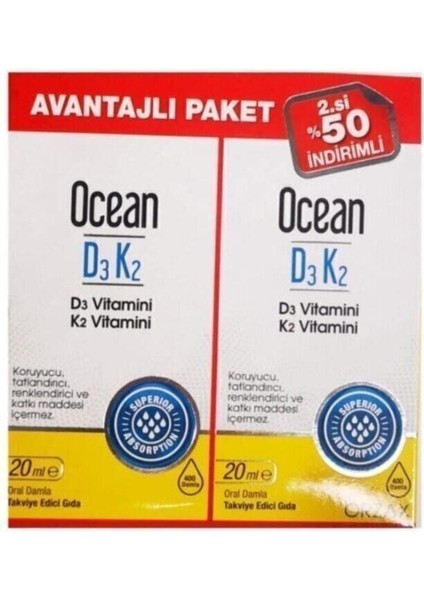 Ocean D3 ve K2 Vitamin Damla Takviyesi 2×20 ml – Koruyucusuz, Türkiye Üretimi, Yetişkin Kullanımına Uygun fiyatları