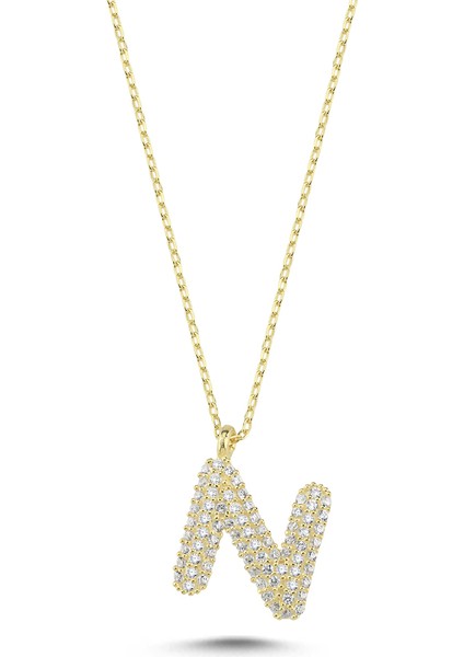 925 Ayar Gümüş Zirkon Taşlı 3 Boyutlu Balon N Harfi Kolye