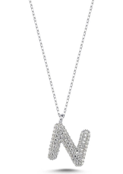 925 Ayar Gümüş Zirkon Taşlı 3 Boyutlu Balon N Harfi Kolye