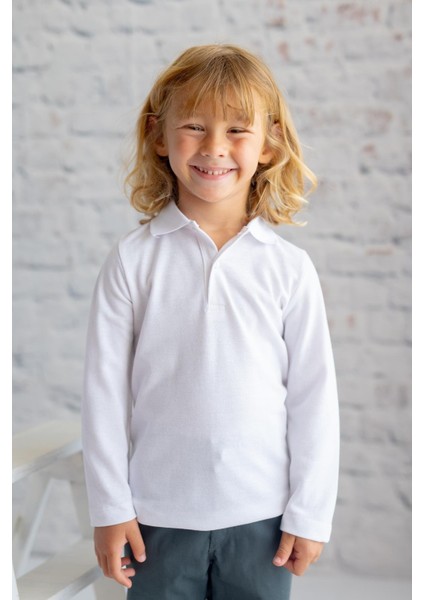 Unisex Çocuk Uzun Kollu Polo Yaka T-Shirt - Beyaz