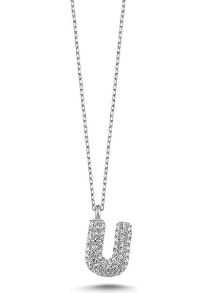 925 Ayar Gümüş Zirkon Taşlı 3 Boyutlu Balon U Harfi Kolye