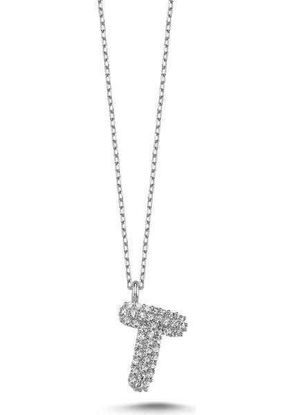 925 Ayar Gümüş Zirkon Taşlı 3 Boyutlu Balon T Harfi Kolye