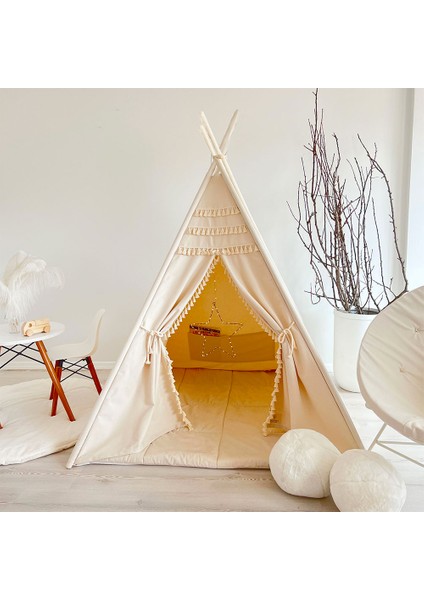 Boho Tema %100 Pamuk Halılı Oyun Çadırı – Terleme ve Koku Yapmaz, Çocuk Odası ve Bahçe Kullanımı, 115 x 115 x 155 cm