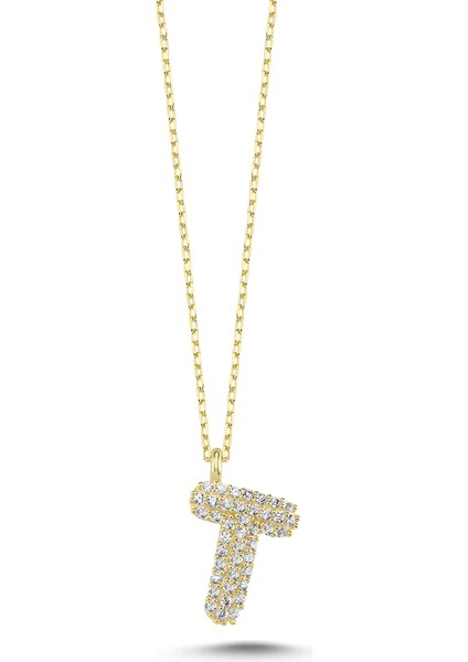 925 Ayar Gümüş Zirkon Taşlı 3 Boyutlu Balon T Harfi Kolye