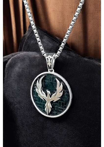 Gümüş Kaplama Krom-Çelik Erkek Kolyesi Zümrüdü Anka Kuşu Madalyon