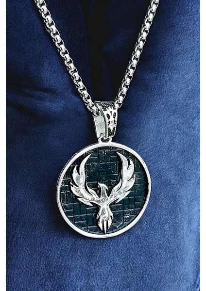 Gümüş Kaplama Krom-Çelik Erkek Kolyesi Zümrüdü Anka Kuşu Madalyon fiyatları