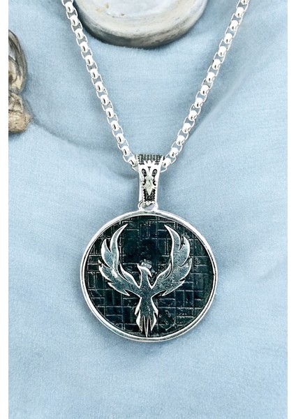 Gümüş Kaplama Krom-Çelik Erkek Kolyesi Zümrüdü Anka Kuşu Madalyon modelleri