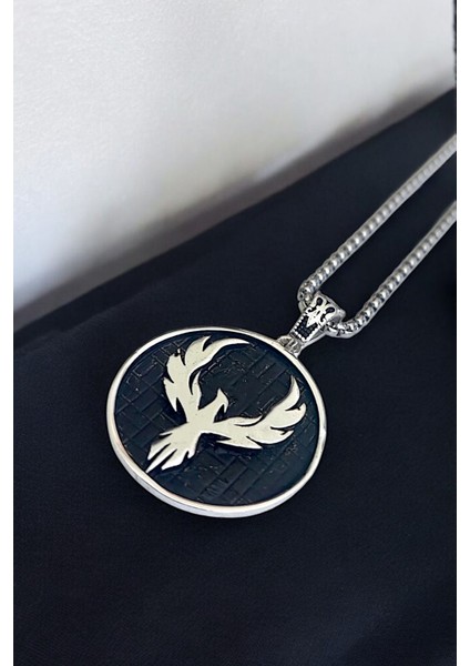 Gümüş Kaplama Krom-Çelik Erkek Kolyesi Zümrüdü Anka Kuşu Madalyon fırsatları