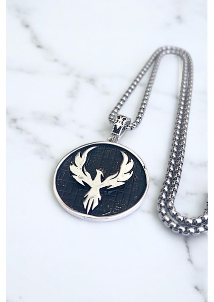 Gümüş Kaplama Krom-Çelik Erkek Kolyesi Zümrüdü Anka Kuşu Madalyon indirimleri