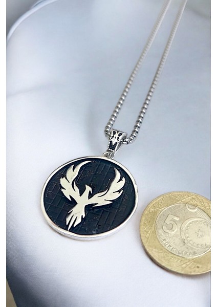 Gümüş Kaplama Krom-Çelik Erkek Kolyesi Zümrüdü Anka Kuşu Madalyon