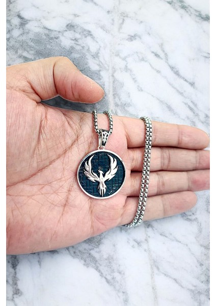 Gümüş Kaplama Krom-Çelik Erkek Kolyesi Zümrüdü Anka Kuşu Madalyon